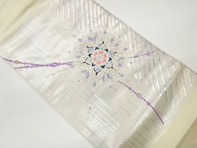 JAPANESE KIMONO / PLATINUM FOIL DOUBLE WEAVE FLOWER PATTERN / STRIPE /